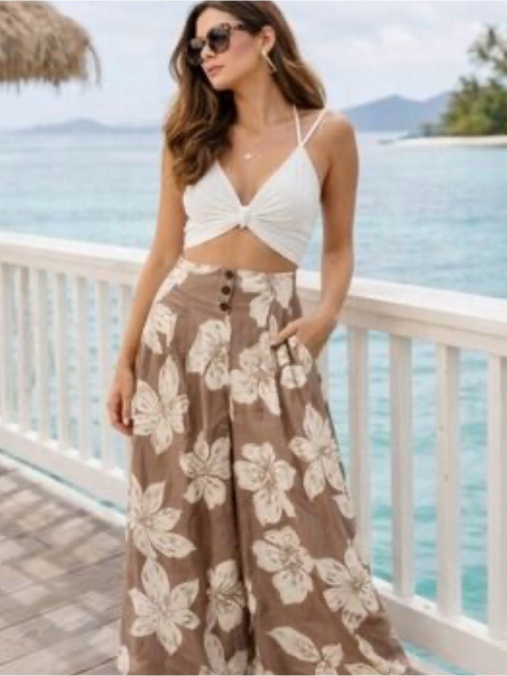 Sienna Sky Brown Wide Leg Floral Pants with Cream Flowers 20% linen